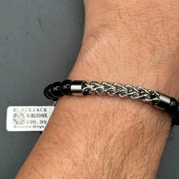 Blackjack BJB220NX Mens Genuine Onyx Bead & Stainless Steel Franco Bracelet NWT